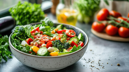 The wellness lifestyle promotes healthy eating, illustrated by a close-up of a vegan meal filled with fresh vegetables and raw produce on the table.