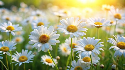 Fototapeta premium White daisies in a summer meadow with a blurred background of flowers