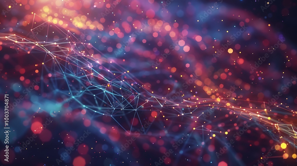 Poster digital abstract representation of a network with glowing lights and bokeh effect.