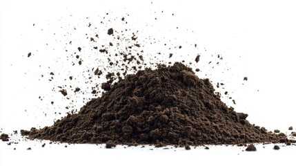 Isolated pile of dirt and soil scattered and flying in various directions on a bright white background.
