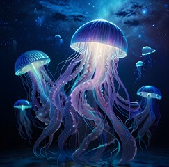 Glowing jellyfish swim deep in blue sea. Medusa neon jellyfish fantasy in space cosmos among stars