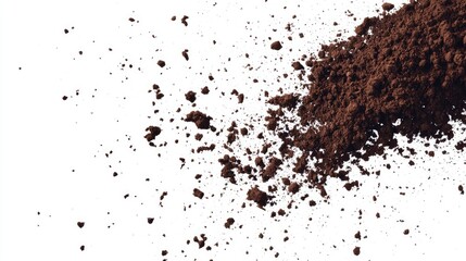 Isolated soil dirt scattering and flying in mid-air, spreading dynamically across a white backdrop.