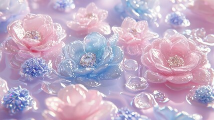  A cluster of pink and blue blossoms atop stacked water droplets