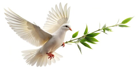 Obraz premium White dove carrying olive branch isolated on white background at tilted angle