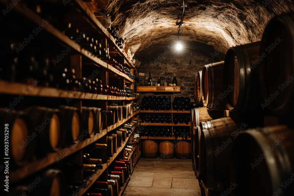 Aufkleber explore the rustic charm of a wine cellar brimming with wooden barrels and neatly arranged bottles. 