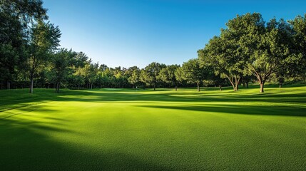 Naklejka premium Manicured green grass on a golf course, with a line of trees providing a natural border under a clear blue sky.