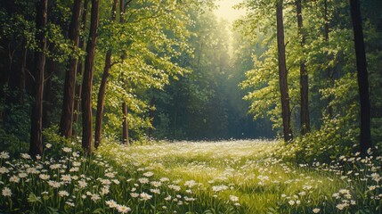 Obraz premium peaceful forest clearing, with sunlight filtering through lush green leaves and gentle wildflowers swaying in the breeze