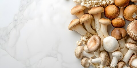 Obraz premium Assorted fresh mushrooms, including shiitake and enoki, are displayed on a white marble countertop, highlighting their earthy tones and gourmet appeal in organic food photography.