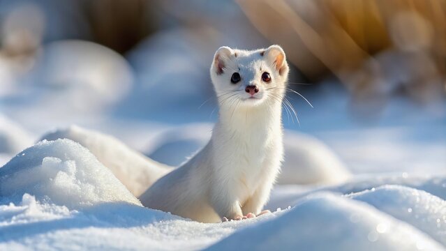 White ermine stoat short tailed weasel in snow at tilted angle