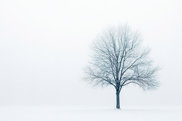 Fototapeta premium Solitary tree in serene snowy landscape, minimalist winter scene