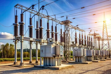 Substation with switchgear and transmission transformers for high voltage electric power, industry, high voltage, utility, power station, industry, equipment, grid, distribution