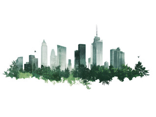 Fototapeta premium A stunning city skyline silhouette blends seamlessly with lush greenery, creating harmonious balance between urban life and nature. This artwork captures essence of modern architecture surrounded by v