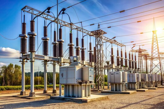 Substation with switchgear and transmission transformers for high voltage electric power, industry, high voltage, utility, power station, industry, equipment, grid, distribution