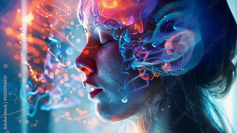 Poster young woman is peacefully sleeping while undergoing neural enhancement through advanced neurotechnol