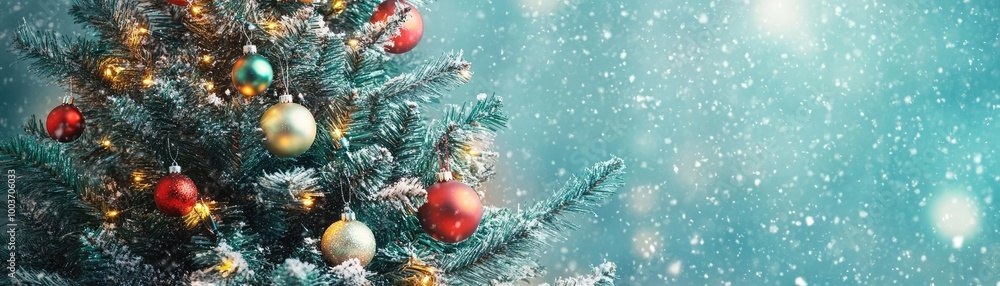 Poster a beautifully decorated christmas tree adorned with colorful ornaments and lights amidst falling sno