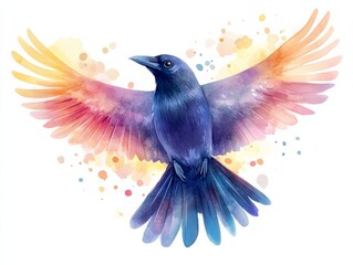 Obraz premium Colorful bird with vibrant wings, showcasing artful watercolor effects, against a soft, dreamy background.