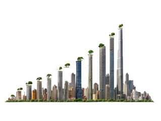 Fototapeta premium Urban growth is depicted in this vibrant city skyline, showcasing skyscrapers with greenery on top, symbolizing sustainability and innovation. 