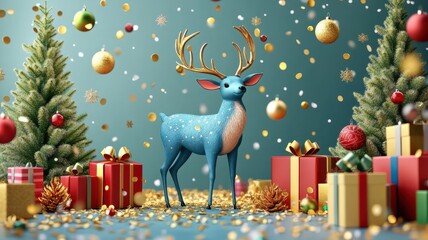 Christmas tree and cute deer in snowdrift,Realistic 3d design Xmas card decoration,gift box,fir branches, pine cones,Merry Christmas,Happy new year banner,Vector illustration.