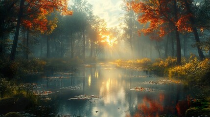Autumn Forest Lake with Sunbeams and Fog