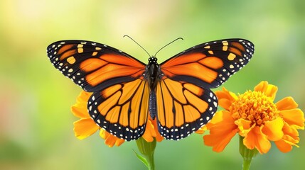 Fototapeta premium A tight shot of a butterfly atop a yellow bloom, surrounded by softly blurred grass