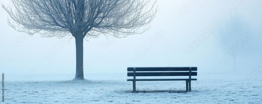 Poster a serene winter scene featuring a solitary bench beneath a bare tree in a foggy landscape, evoking c