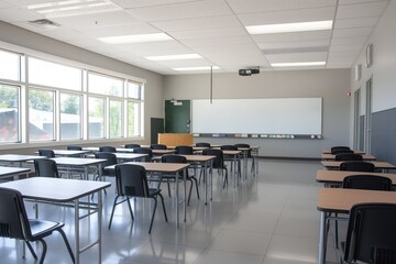 Modern empty classroom interior with blackboard and wooden desks. Children chairs are arranged in rows. Empty tables and exercise equipment are visible. A clean and minimalist learning space.