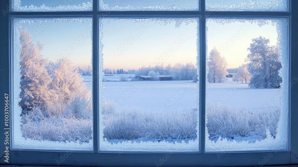 Poster a serene winter landscape viewed through a frosty window, showcasing snowy trees and a tranquil fiel