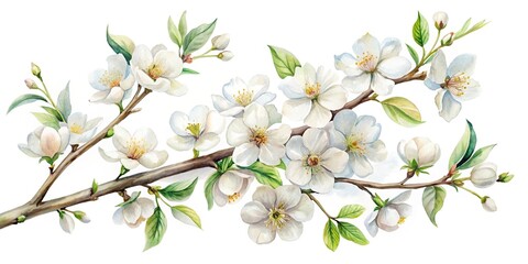 Fototapeta premium White flowers on a branch isolated on a white background watercolor Macro