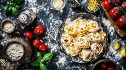 Overhead view of flour-dusted Italian pasta on a table, with rustic kitchen decor and ingredients for cooking.