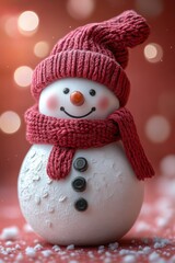 snowman close-up profile, gradient light pink background, red scarf and hat, gentle highlights, festive card layout with wishes space.
