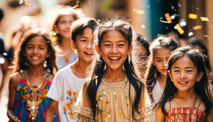 A group of children are walking down a street where there is a celebration