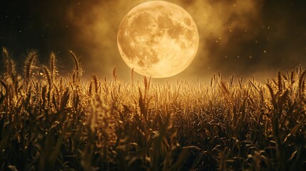 Fototapeta premium Golden full moon over wheat field at night, cinematic harvest landscape, warm orange glow rural nature background