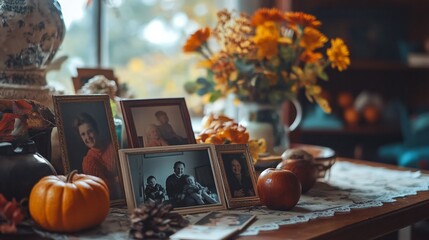 Fototapeta premium Autumn still life on rustic table, family photo frames and pumpkins, cozy warm fall home decor scene for nostalgia