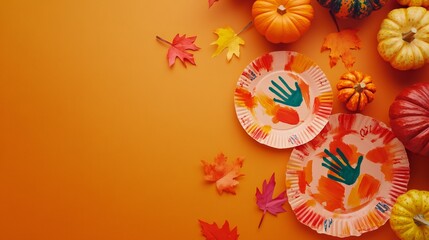 A playful background featuring children's Thanksgiving crafts, such as handprint turkeys and paper plate pumpkins.