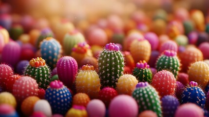 Fototapeta premium Colorful cacti in a vibrant display, showcasing various shapes and sizes.