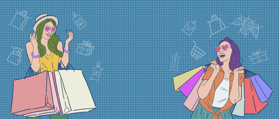 Banner background for sales promotion with illustration of a woman carrying a bag or shopping, for advertising, banners, leaflets and flyers. vector.