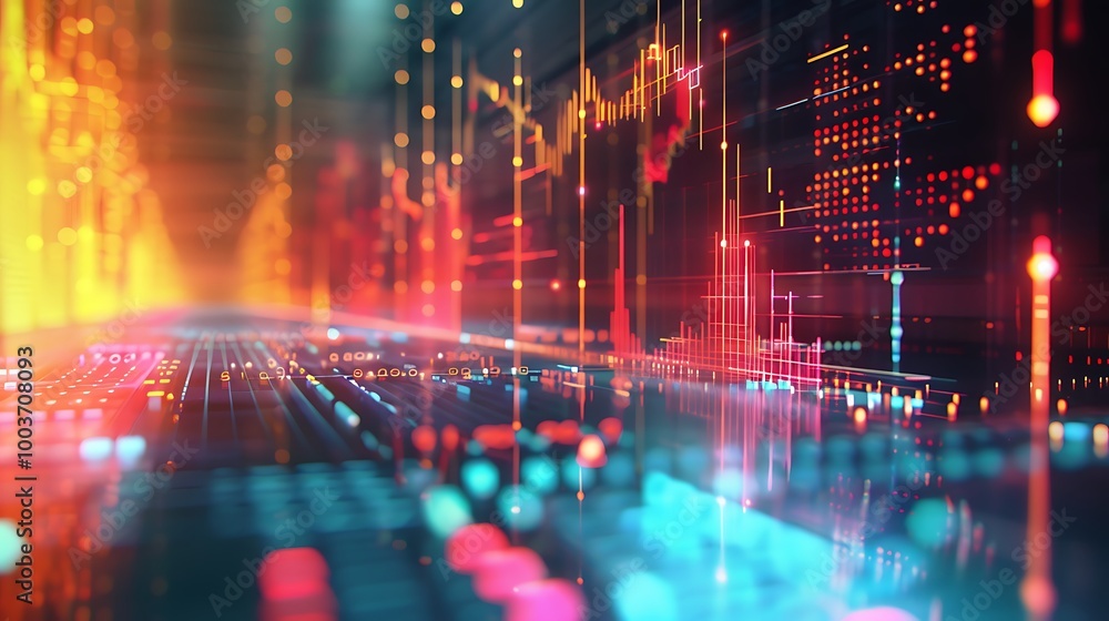 Poster digital visualization of data represented by colorful lines and patterns, showcasing trends and rela