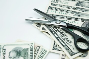 Dollar banknotes and scissors on white background. Close-up of cash, bills, and finance on a clean surface. Control and cut of expenses, budgeting, and money management.
