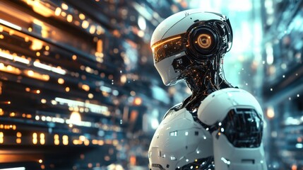 Fototapeta premium 3D effect of a futuristic robot with detailed metallic surfaces and glowing lights, standing