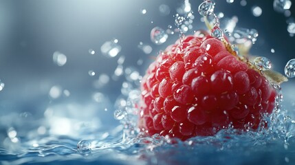 Raspberry descending into water with a burst of splashes and droplets, creating a dynamic, refreshing mockup.