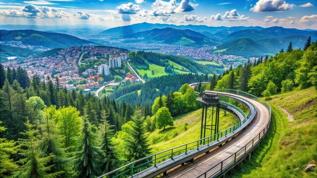 An exciting view of the alpine coaster on the asymmetrical slopes of the majestic Trebevic mountain with lush green forests and a panoramic scenery of Sarajevo city in the background