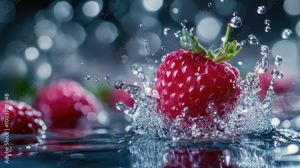 Poster raspberry falling into water with a dramatic splash, surrounded by water droplets frozen in mid-air 