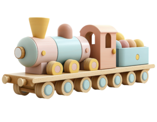 Colorful wooden toy train with pastel shades on a transparent background clipart