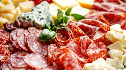 Obraz premium An artfully arranged platter displays traditional appetizers, featuring savory salami, delicate prosciutto, and creamy fresh cheese, inviting indulgence.
