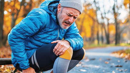 Mature Man Struggling with Knee Pain While Jogging in a Serene Nature Park