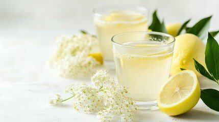 Refreshing elderflower and lemon tea in a glass, placed on a simple white background with room for text.