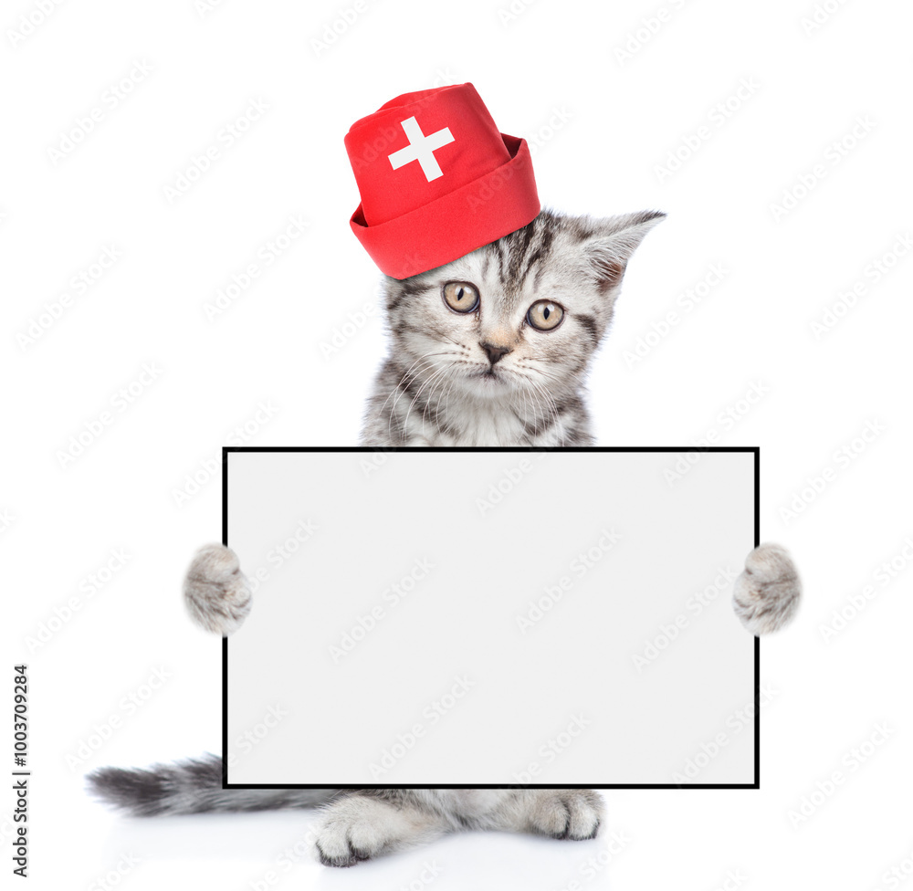 Poster cat dressed like a doctor shows blank white board. empty space for text. isolated on white backgroun