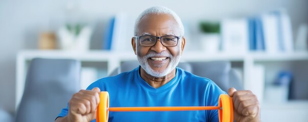 Senior man exercising with weights indoors