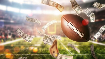 Money flows from American football ball on stadium grass. Banner design with green background and dollar bills. Concept art for betting, finance, and sports.