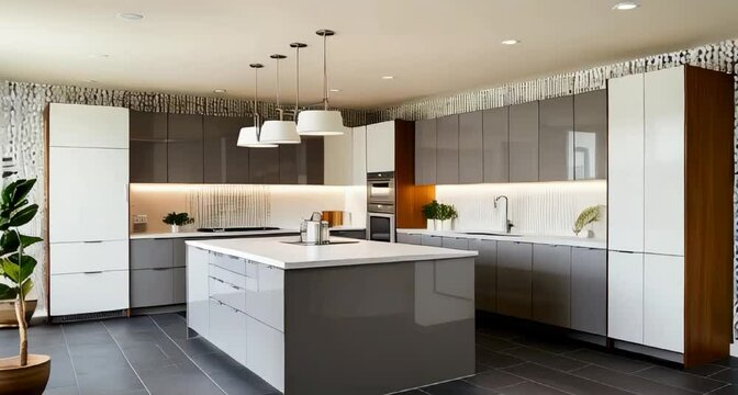 A sleek and modern modular kitchen interior design featuring a combination of matte and glossy finishes, with a predominantly white and gray color scheme, accented with warm wooden tones